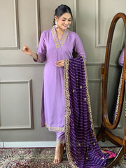 Resham Embroidered Cotton Blend Kurta With Pant & Dupatta