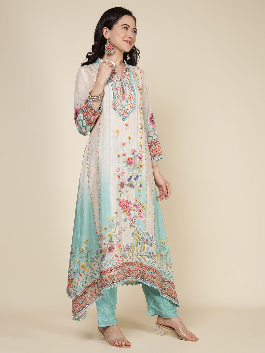 Printed Cotton Blend Kurta With Pants & Dupatta