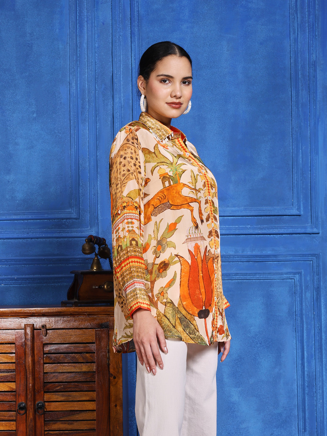 Beige Multicolor Crepe Printed Band Collar Kurti