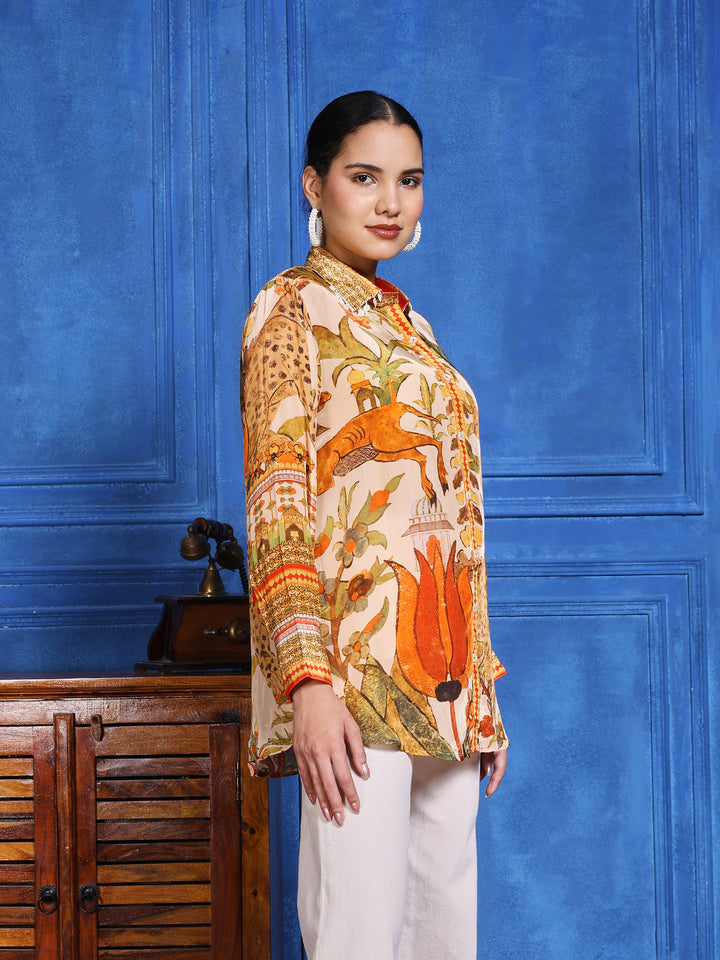 Beige Multicolor Crepe Printed Band Collar Kurti