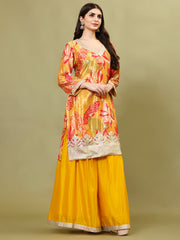 Floral Printed Art Silk Kurta With Sharara And Dupatta