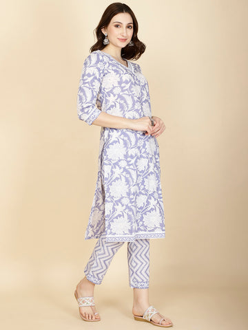 Floral Printed Cotton Kurta With Pants & Dupatta