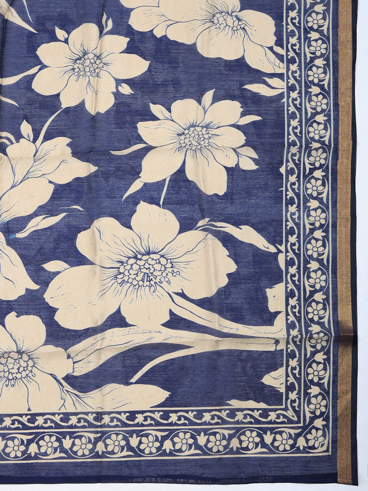 Printed Chanderi Unstitched Suit With Pant &amp; Dupatta
