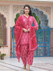 Printed Cotton Blend Kurta With Pants & Dupatta