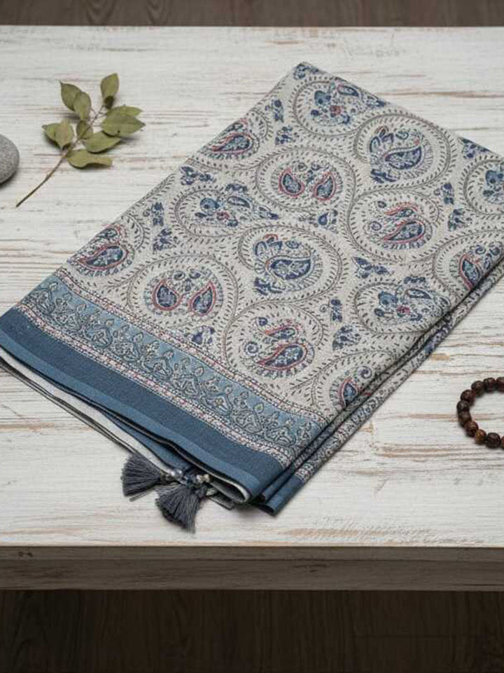Printed Linen Blend Unstitched Suit With Pant &amp; Dupatta