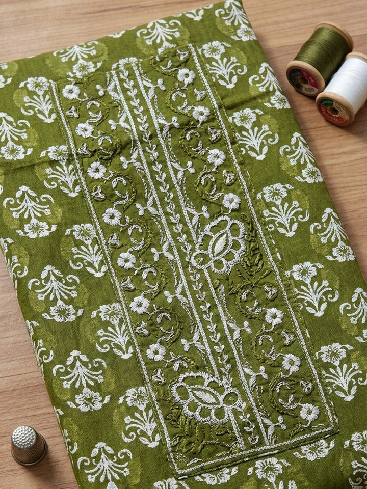 Embroidered Cotton Blend Unstitched Suit With Pant &amp; Dupatta