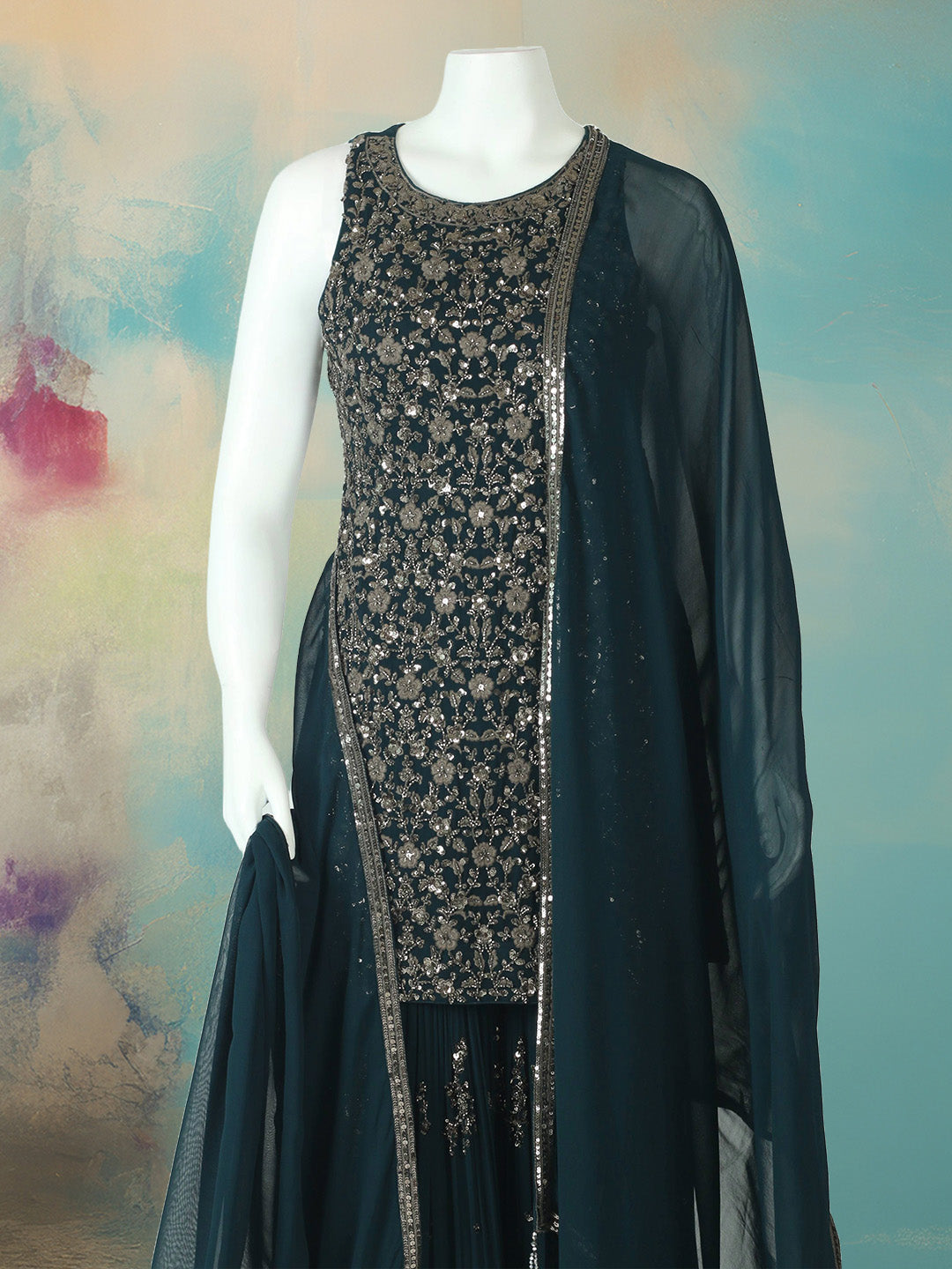 Embelished Georgette Kurta With Pant &amp; Dupatta