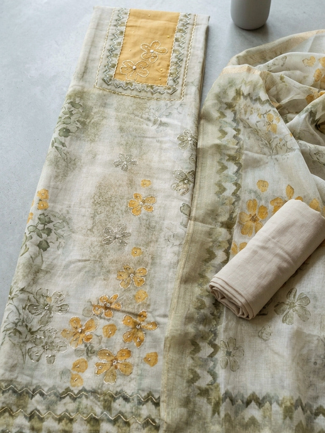 Printed Linen Blend Unstitched Suit With Pant &amp; Dupatta