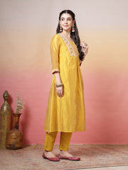 Embroidered Chanderi Kurta With Pant & Dupatta