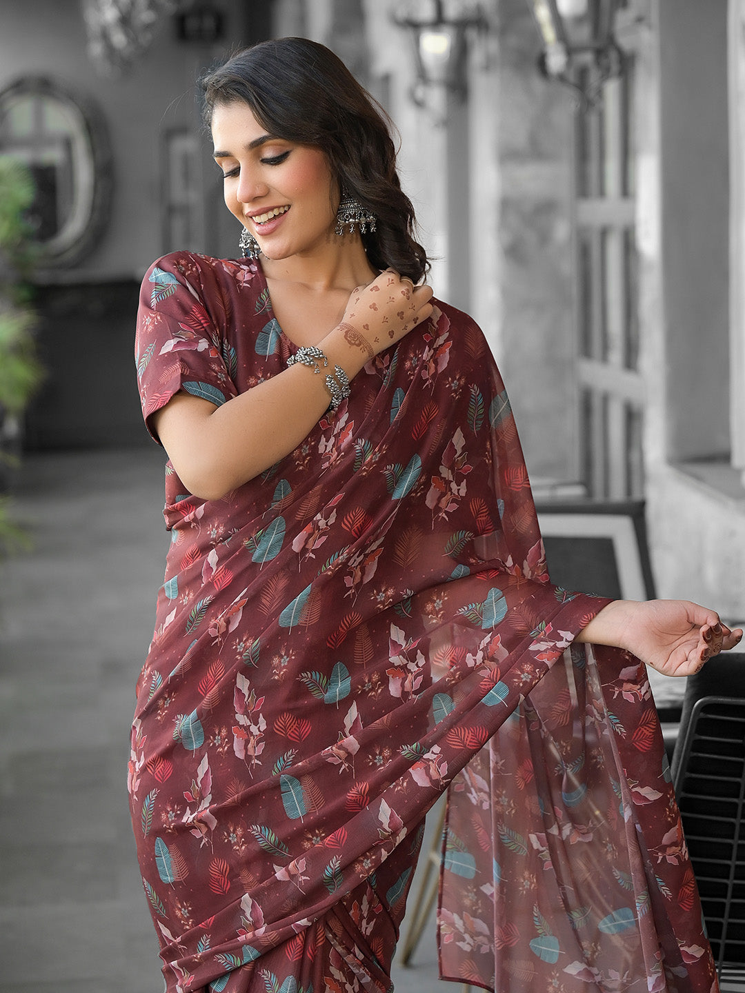 Printed Georgette Readymade Saree With Stitched Blouse