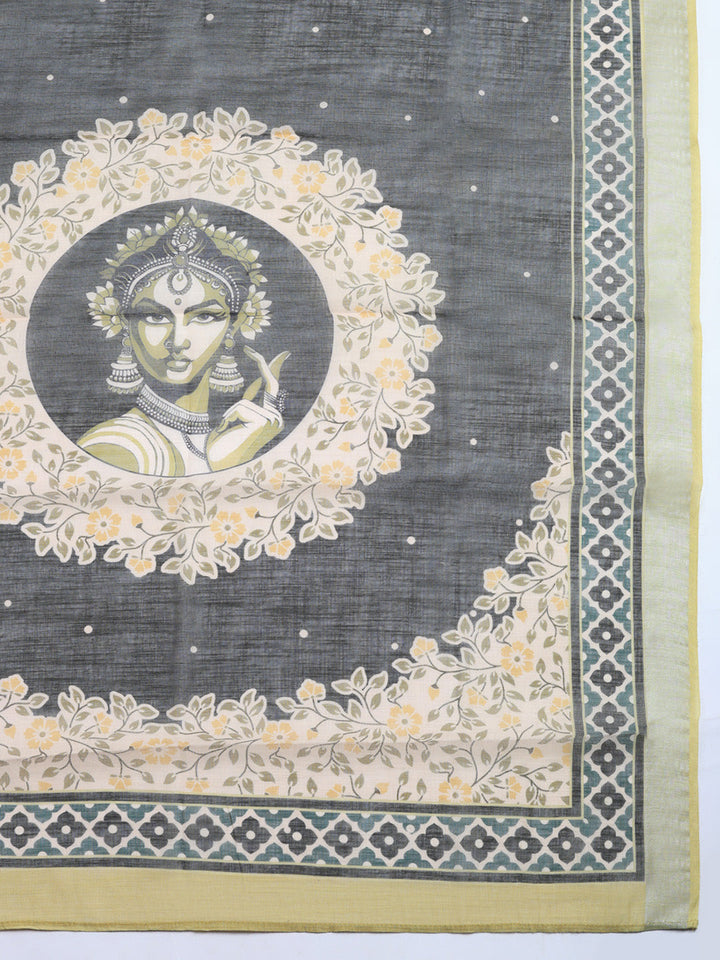 Printed Linen Blend Unstitched Suit With Pant &amp; Dupatta