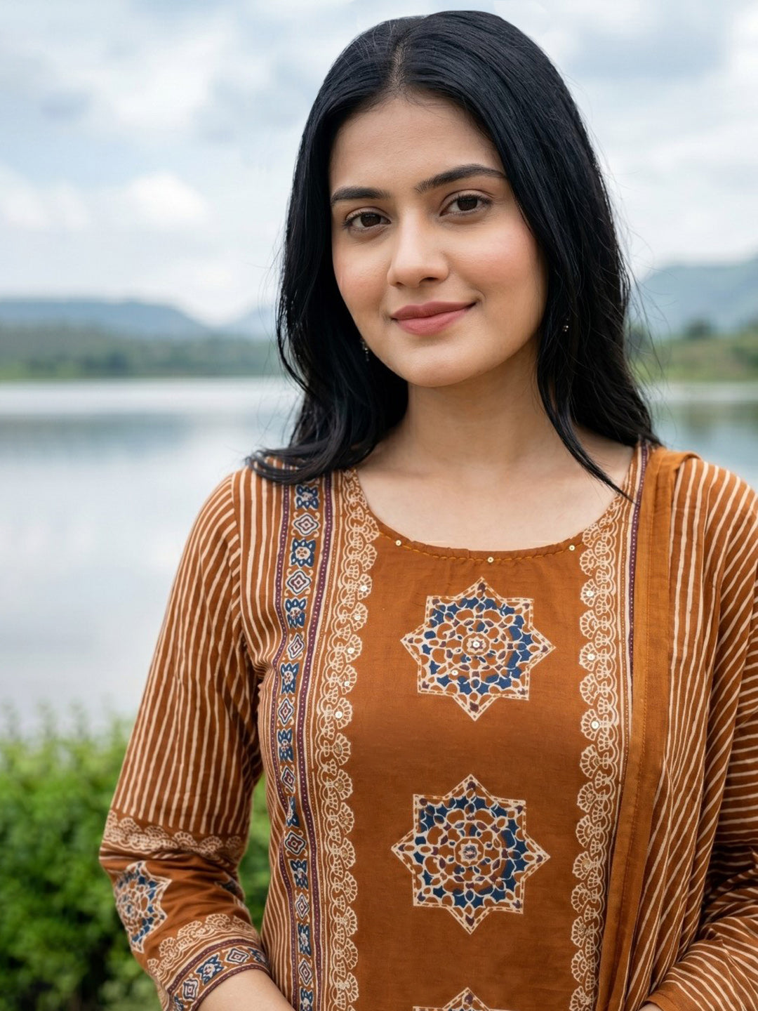 Mustard Printed Cotton Blend Straight Round Neck Suit Set