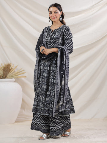 Floral Printed Cotton Blend Kurta With Palazzo & Dupatta