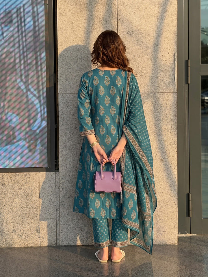 Rama-Green Printed Cotton Blend Kurta With Pant &amp; Dupatta