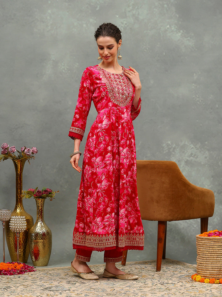 Embroidered Cotton Kurta With Pants &amp; Dupatta