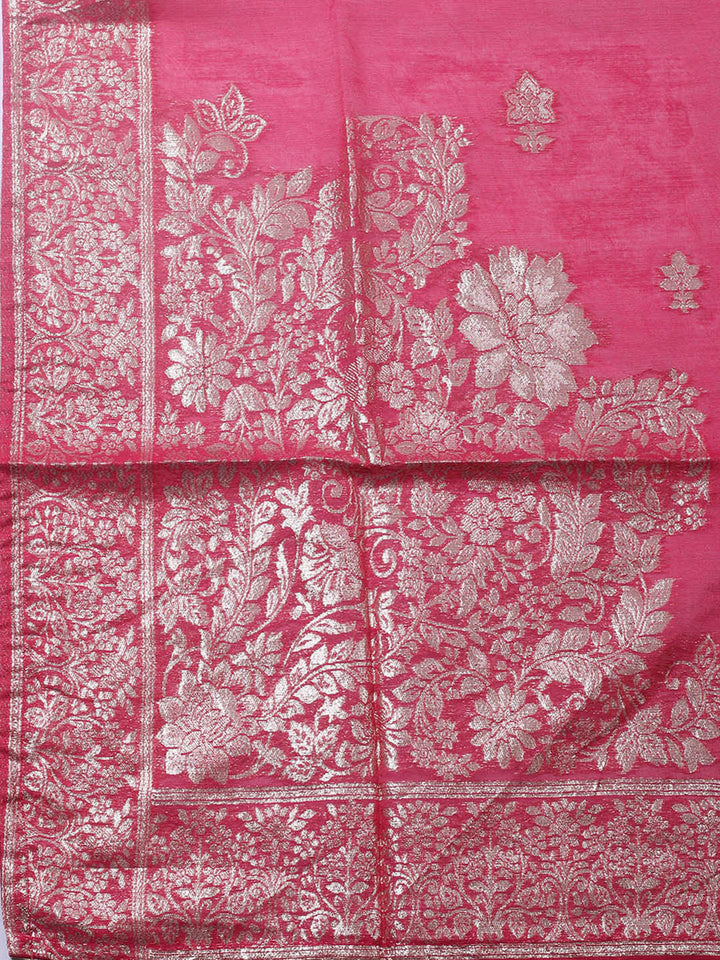 Embroidered Chanderi Unstitched Suit With Pant &amp; Dupatta