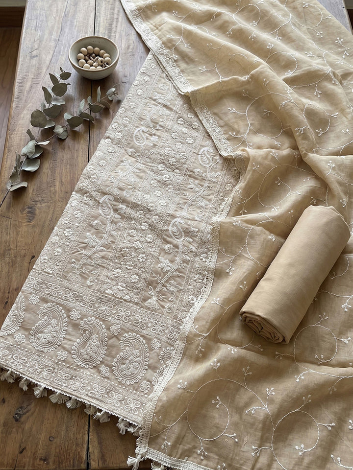Thread Embroidered Cotton Blend Unstitched Suit With Dupatta