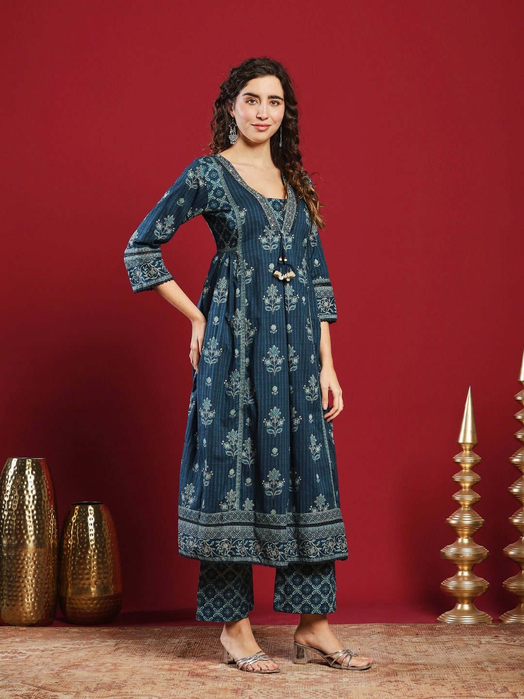 Blue Cotton Blend Printed Straight Suit Set
