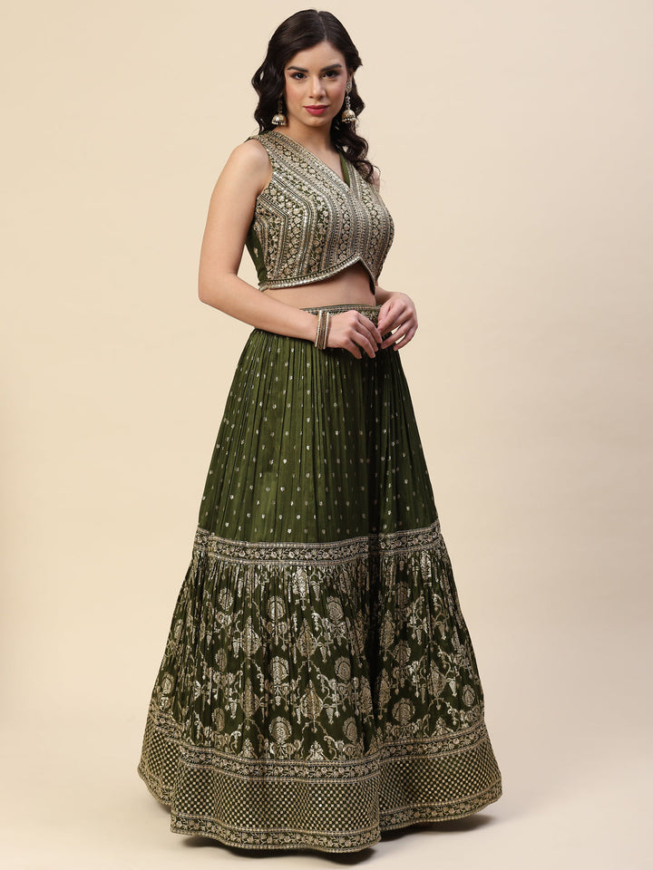 Sequin Embroidered Banarasi Choli With Lehenga &amp; Net Dupatta