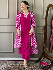 Resham Embroidered Cotton Blend Kurta With Pant & Dupatta