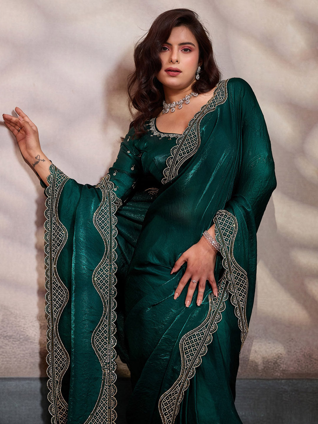 Embroidered Satin Velvet Saree