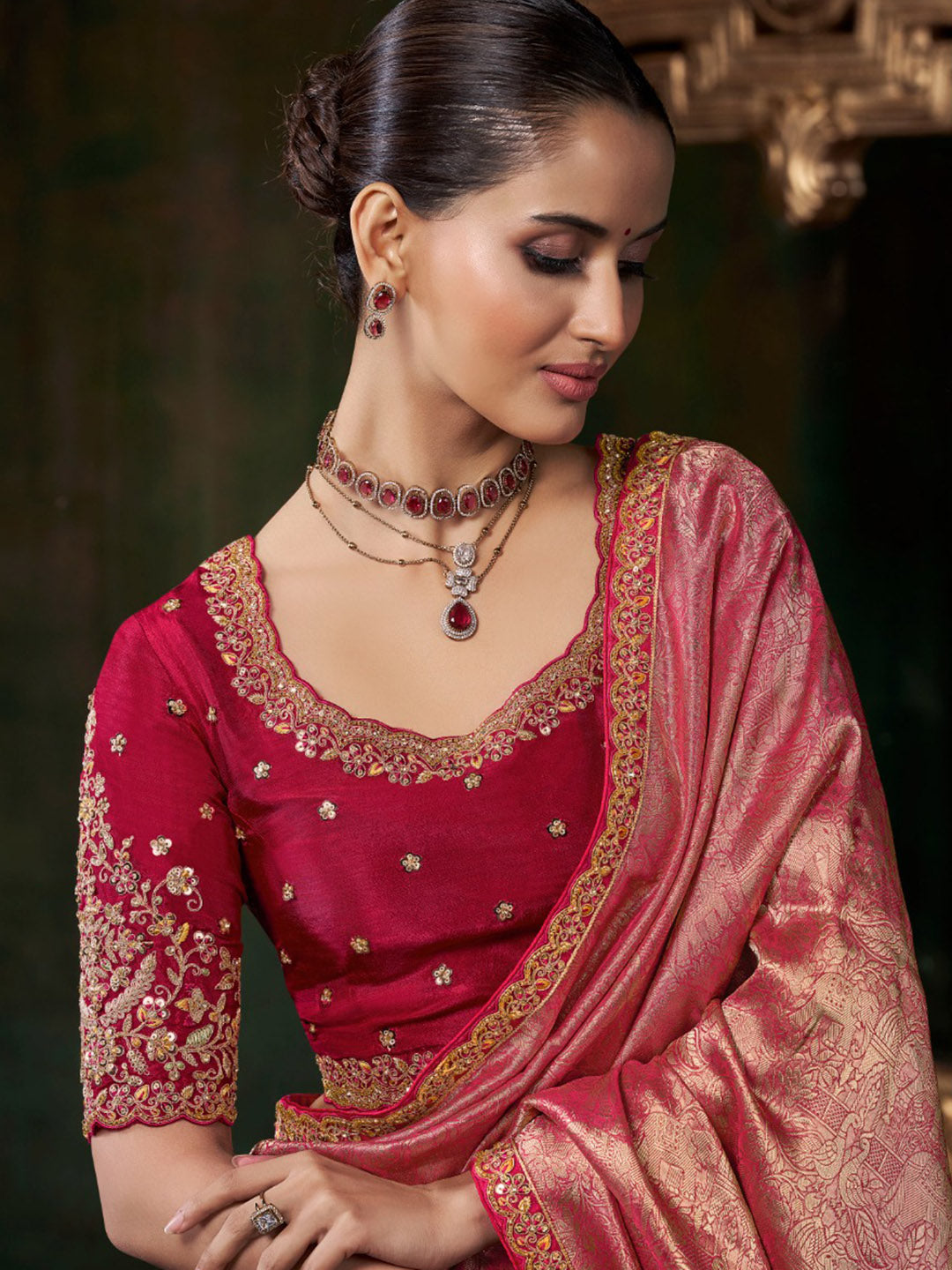 Woven Design &amp; Embroidered Border Art Silk Saree