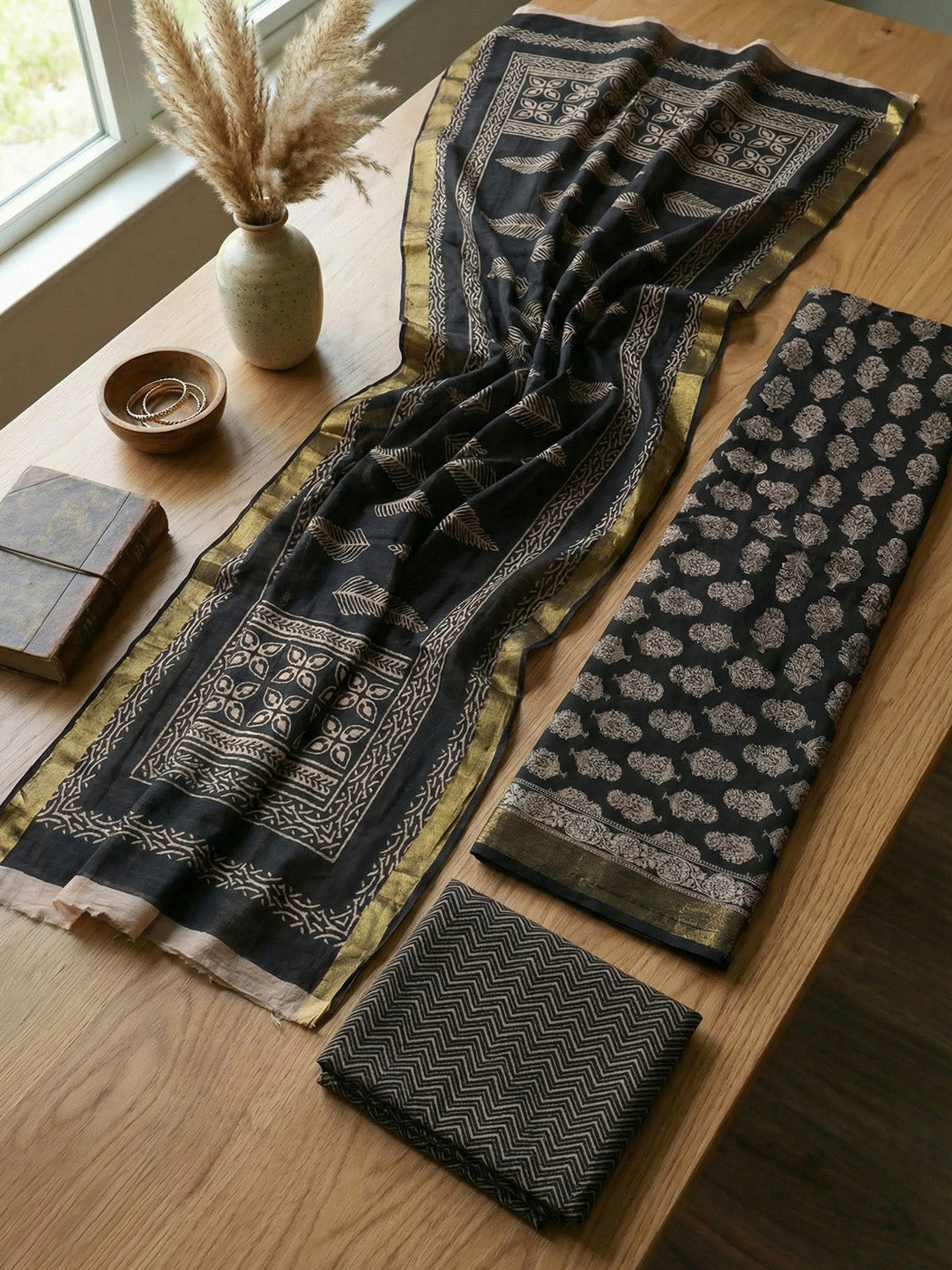 Printed Cotton Blend Unstitched Suit With Pant &amp; Dupatta
