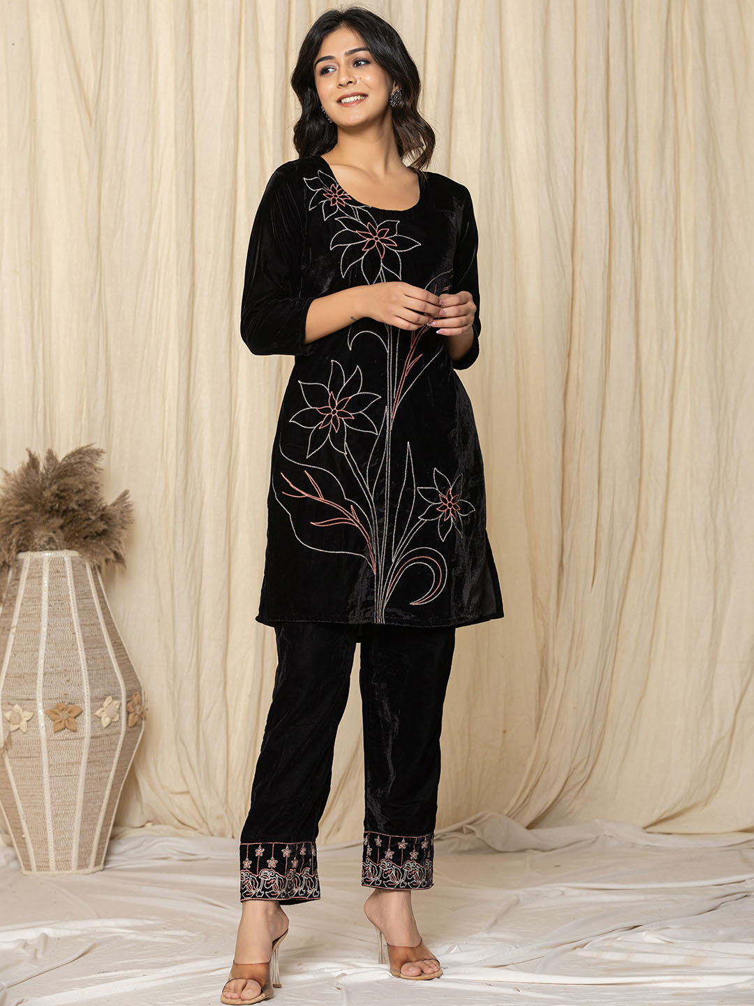 Black Velvet Floral Embroidered Kurta with Straight Pants