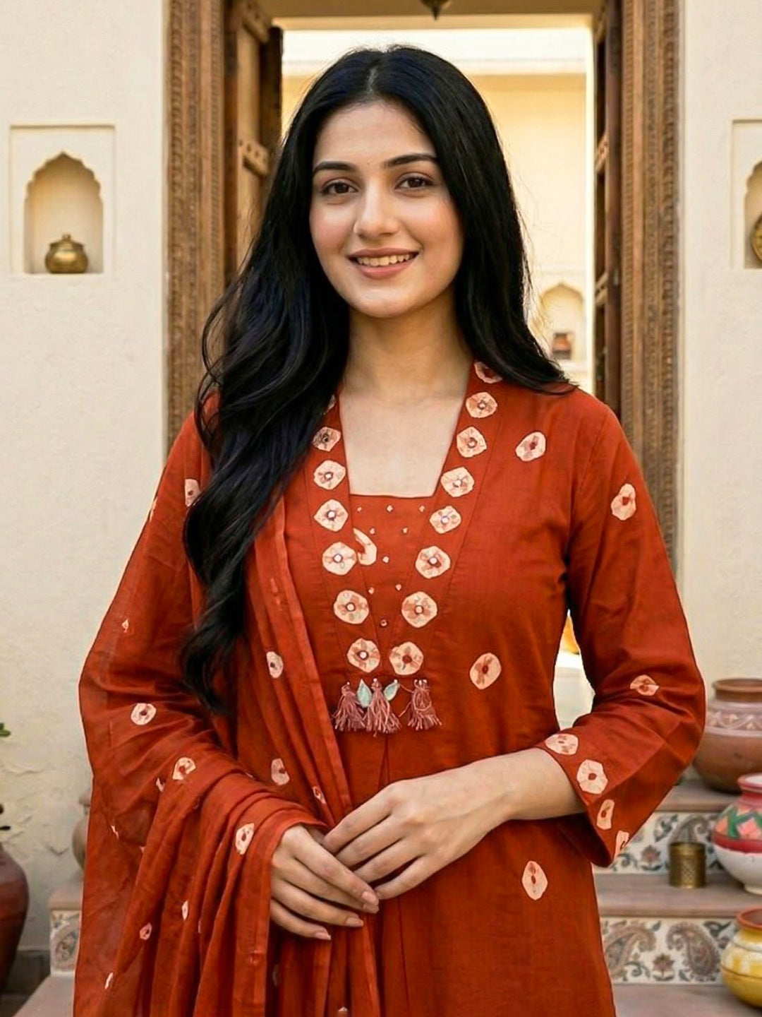 Orange Embroidered Cotton Blend Straight Suit Set With Dupatta