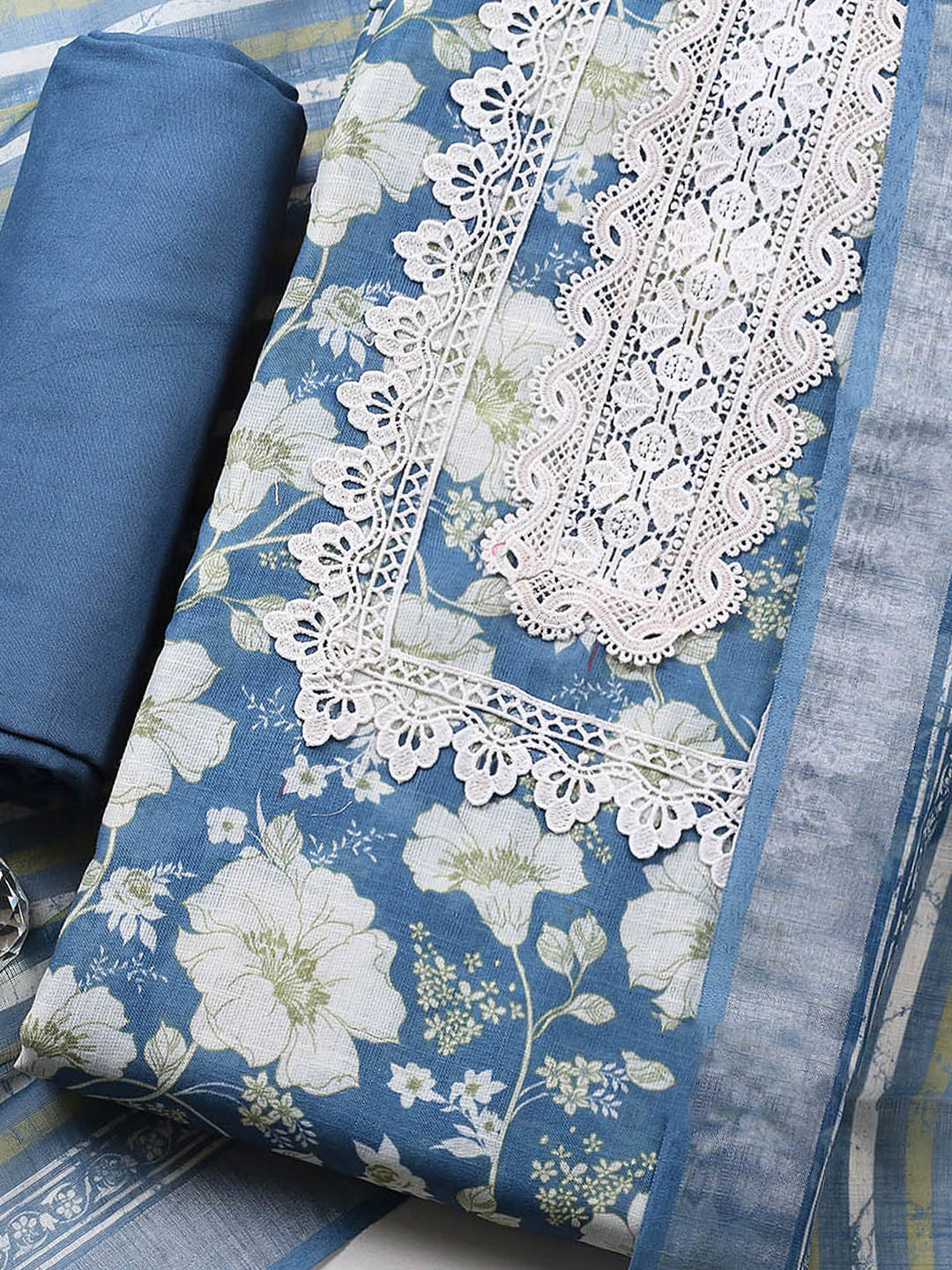 Embroidered Linen Blend Unstitched Suit With Pant &amp; Dupatta