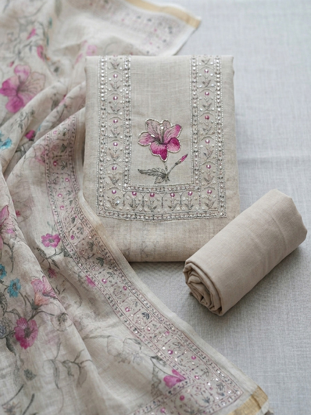 Printed Linen Blend Unstitched Suit With Pant &amp; Dupatta