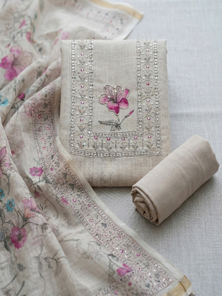 Printed Linen Blend Unstitched Suit With Pant &amp; Dupatta