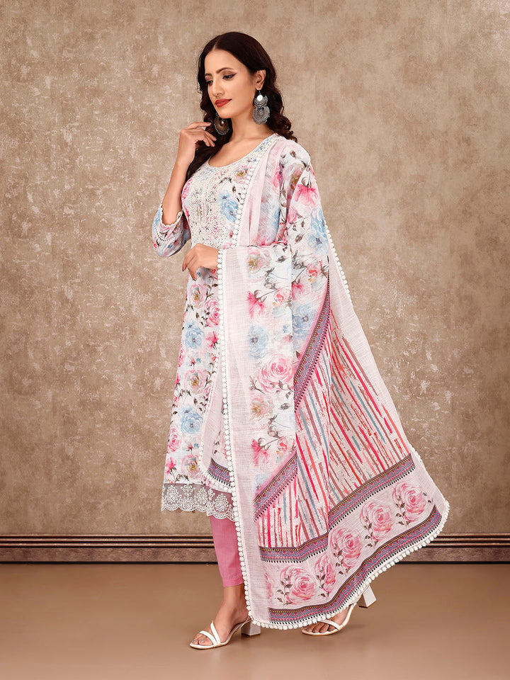 Neck Embroidery Cotton Blend Kurta With Pants &amp; Dupatta