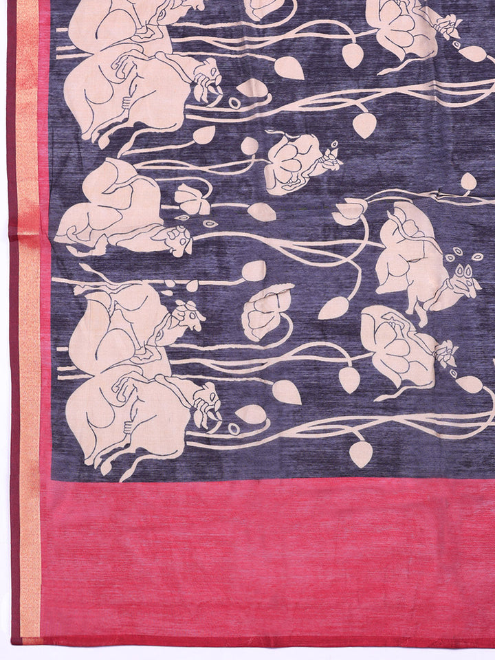 Printed Chanderi Unstitched Suit With Pant &amp; Dupatta