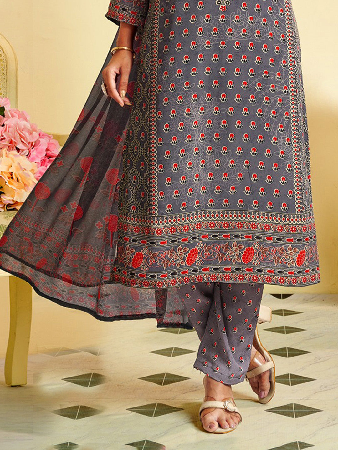 Printed Crepe Unstitched Suit With Pant &amp; Dupatta