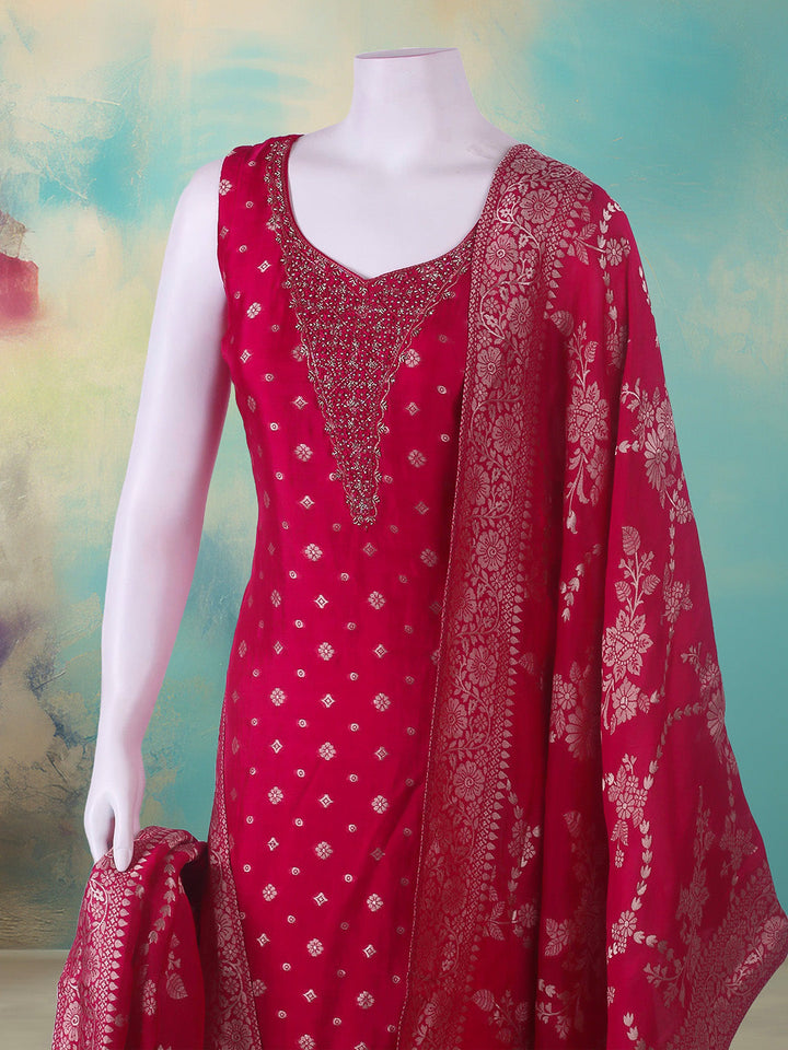 Embroidered Art Silk Suit With Pant &amp; Dupatta