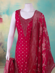 Embroidered Art Silk Rani Suit With Pant & Dupatta