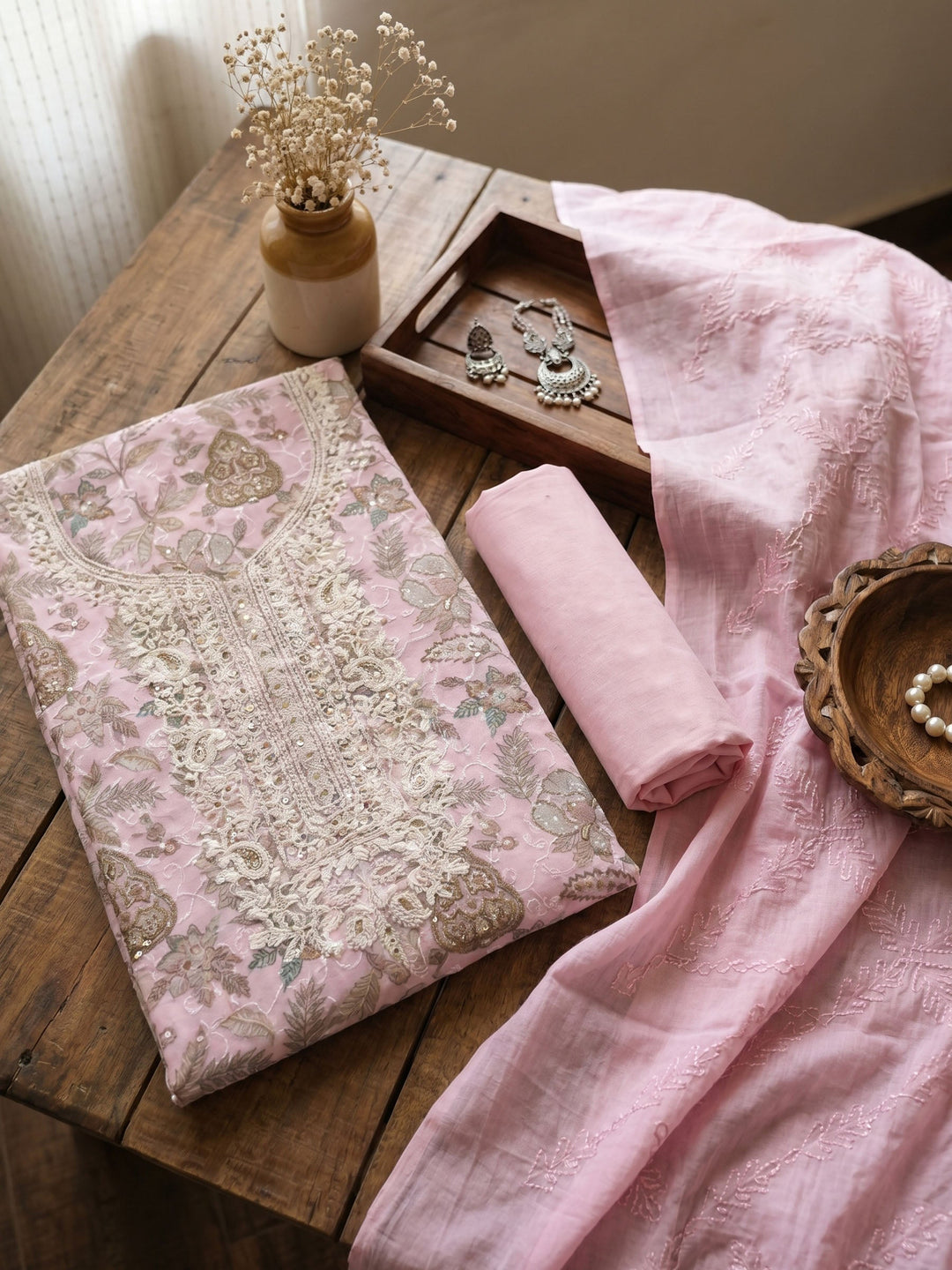 Neck Embroidered Cotton Blend Unstitched Suit With Dupatta
