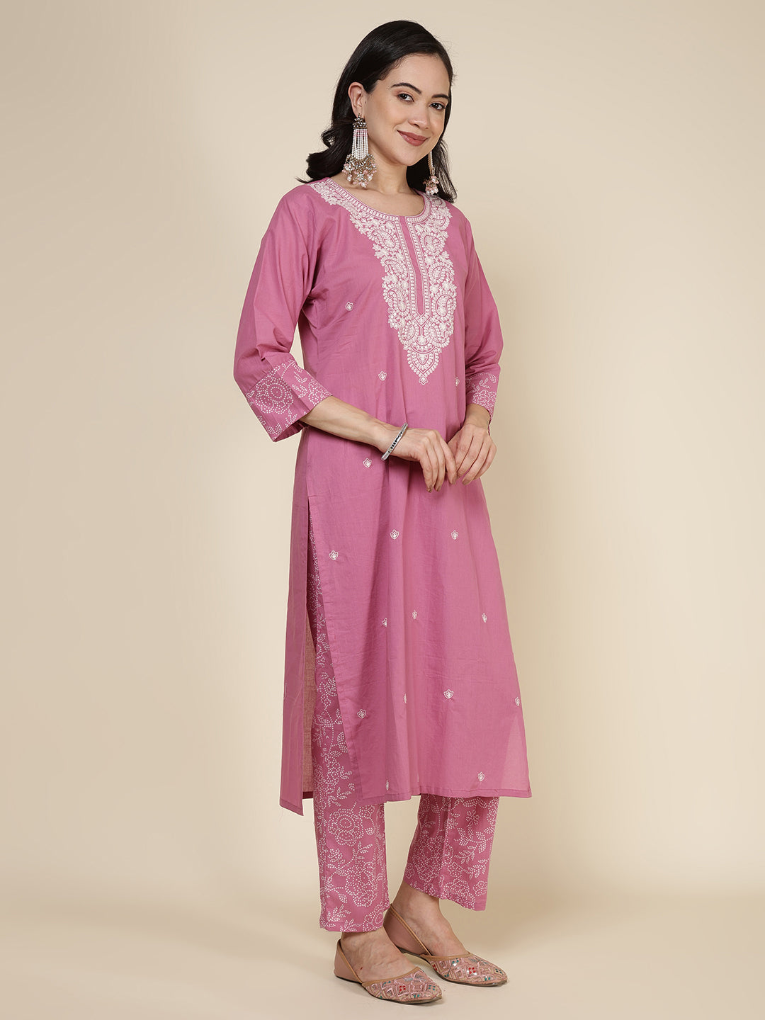Embroidered Cotton Blend Kurta With Pants & Dupatta