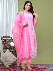 Embroidered Cotton Blend Kurta With Pant & Dupatta