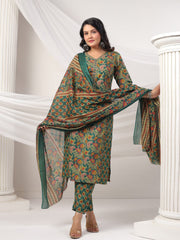 Printed Cotton Blend Kurta With Pants & Dupatta