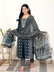 Printed Cotton Blend Kurta With Pants & Dupatta