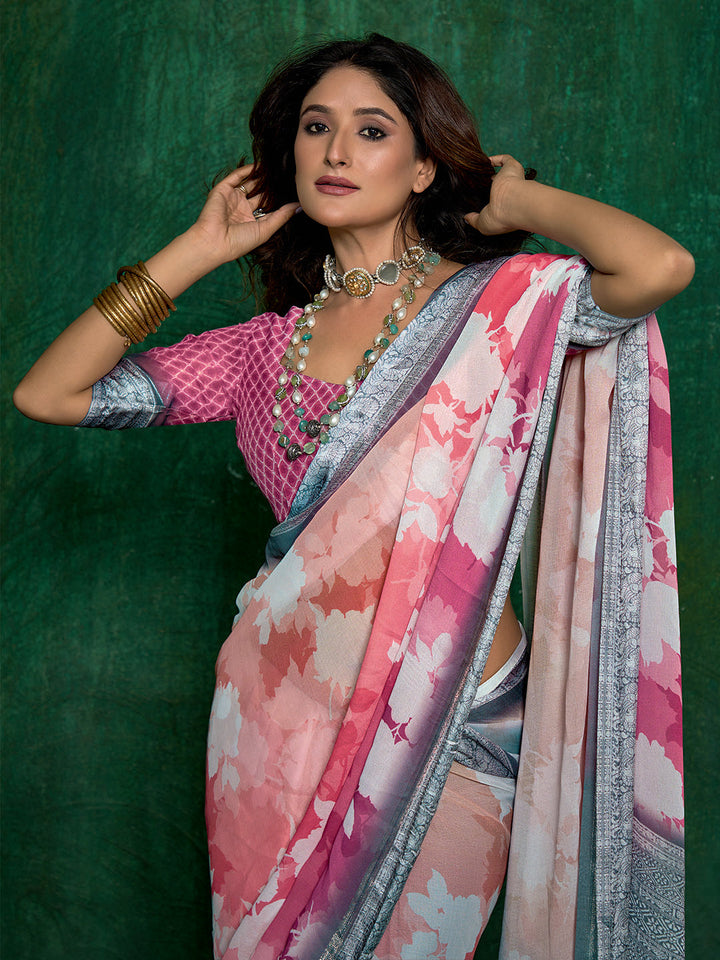 Ombre Floral Printed Georgette Saree