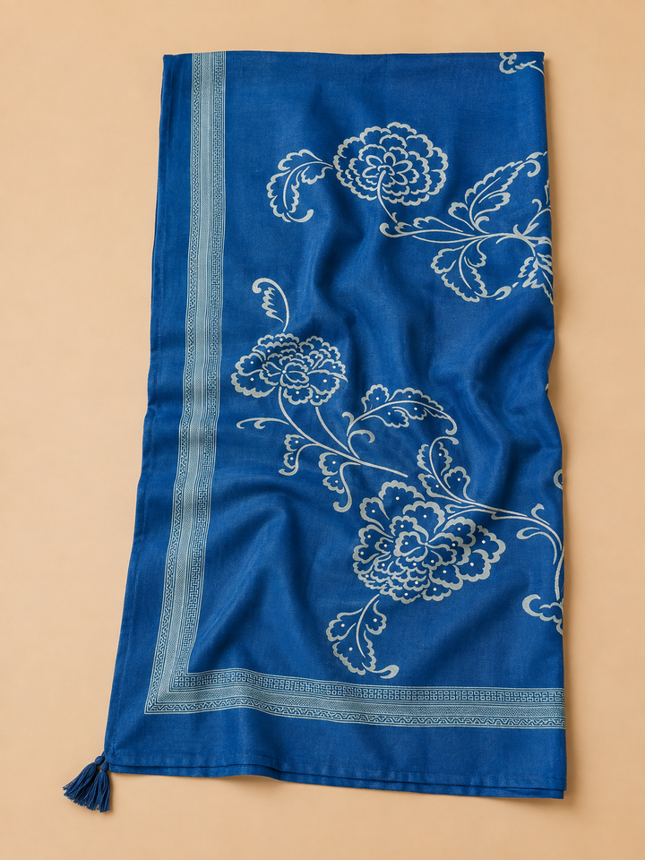 Blue Chanderi Printed Unstitched Dress Material