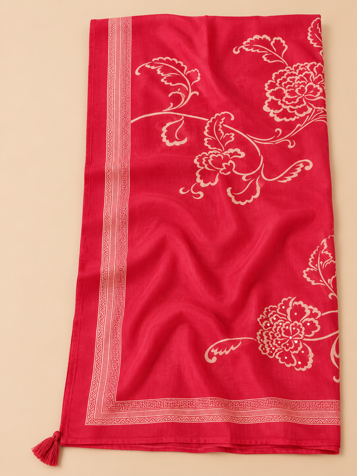 Hot Pink Chanderi Printed Unstitched Dress Material