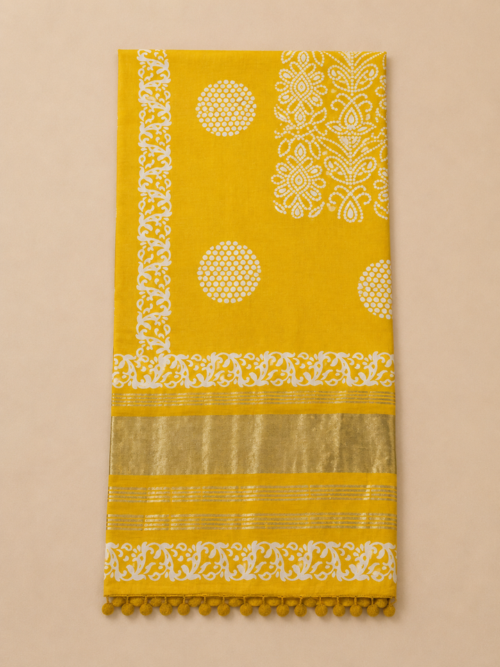 Yellow Cotton Blend Printed Unstitched Dress Material