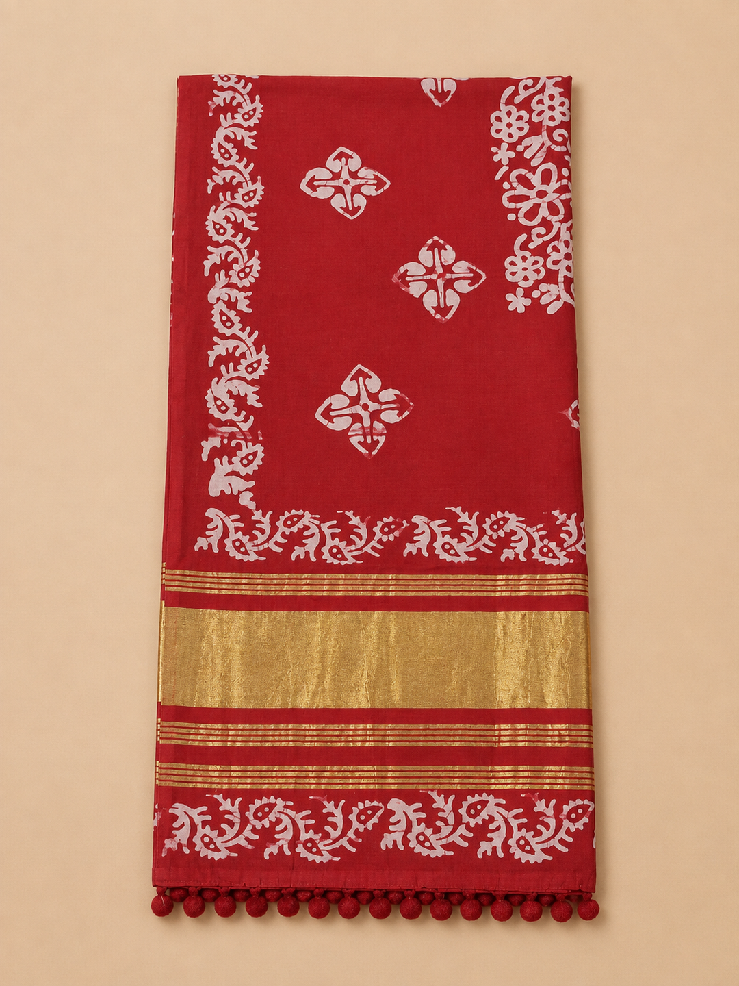 Red Cotton Blend Printed Unstitched Dress Material