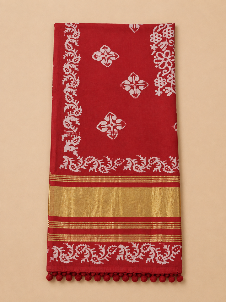 Red Cotton Blend Printed Unstitched Dress Material