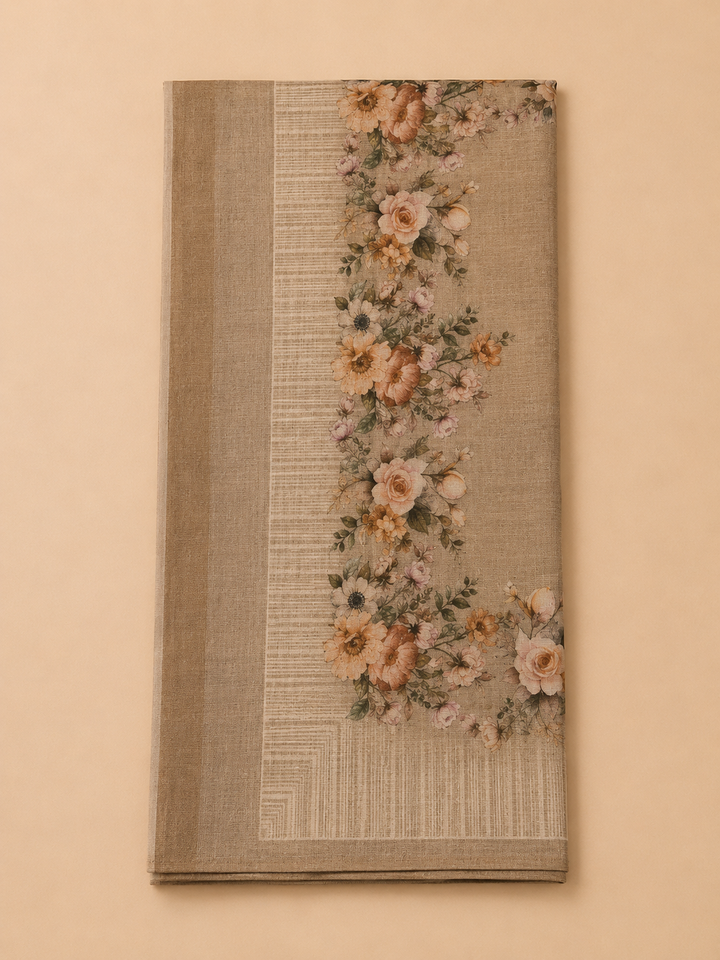 Beige Linen Blend Printed Unstitched Dress Material