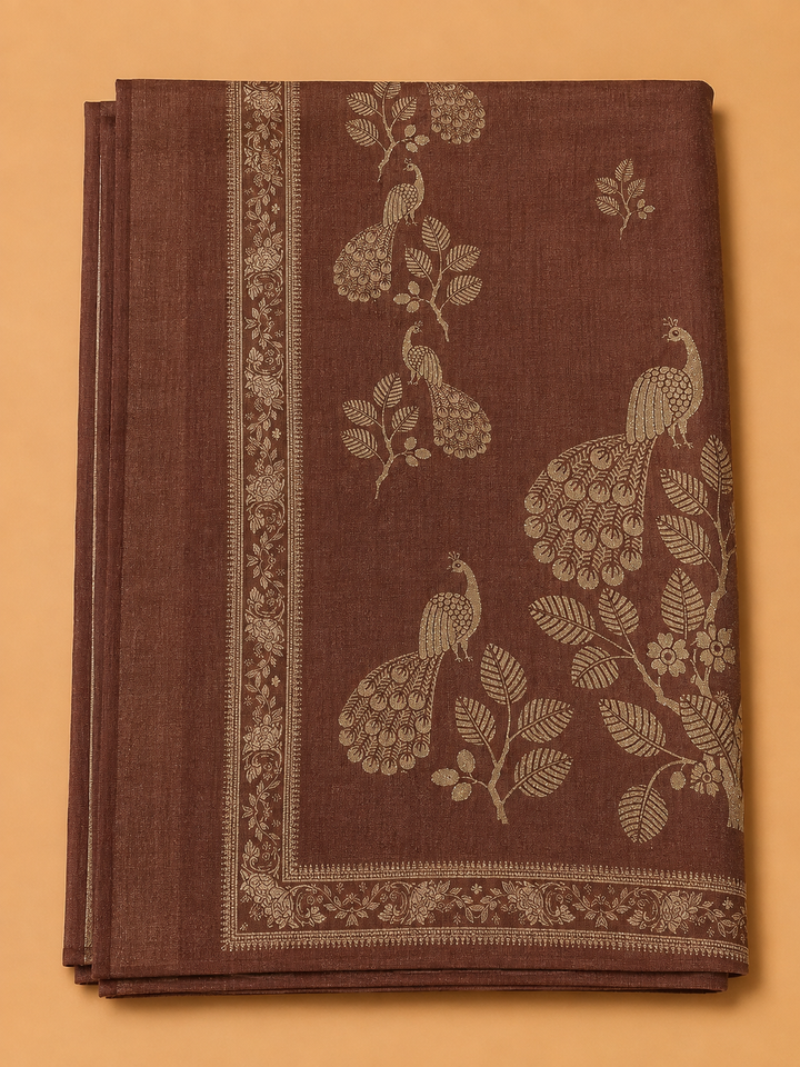 Brown Linen Blend Printed Unstitched Dress Material